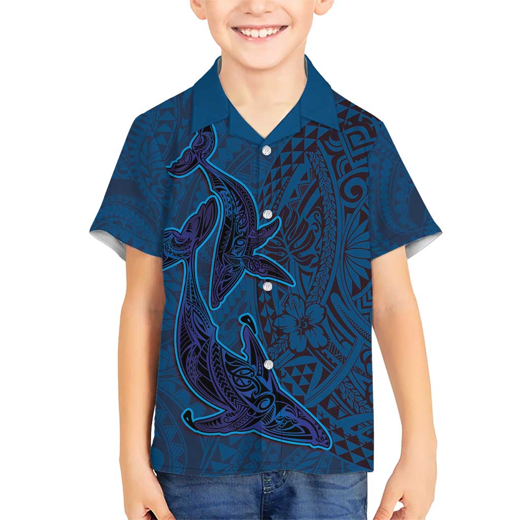 Hawaiian Whales Polynesian Art Motifs Kid Hawaiian Shirt Blue Color LT03 Kid Blue - Polynesian Pride