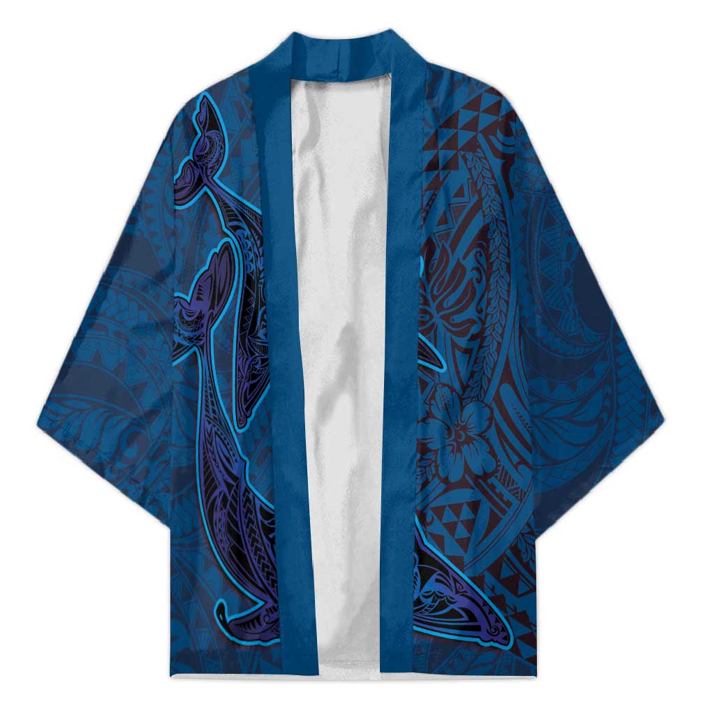 Hawaiian Whales Polynesian Art Motifs Kimono Blue Color - Polynesian Pride
