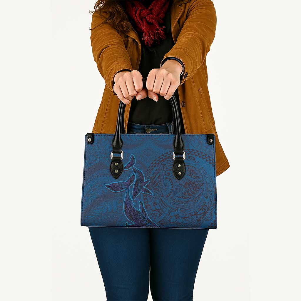 Hawaiian Whales Polynesian Art Motifs Leather Bag Blue Color - Polynesian Pride