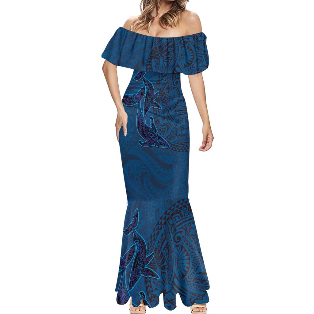 Hawaiian Whales Polynesian Art Motifs Mermaid Dress Blue Color - Polynesian Pride