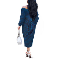 Hawaiian Whales Polynesian Art Motifs Off The Shoulder Long Sleeve Dress Blue Color LT03 - Polynesian Pride