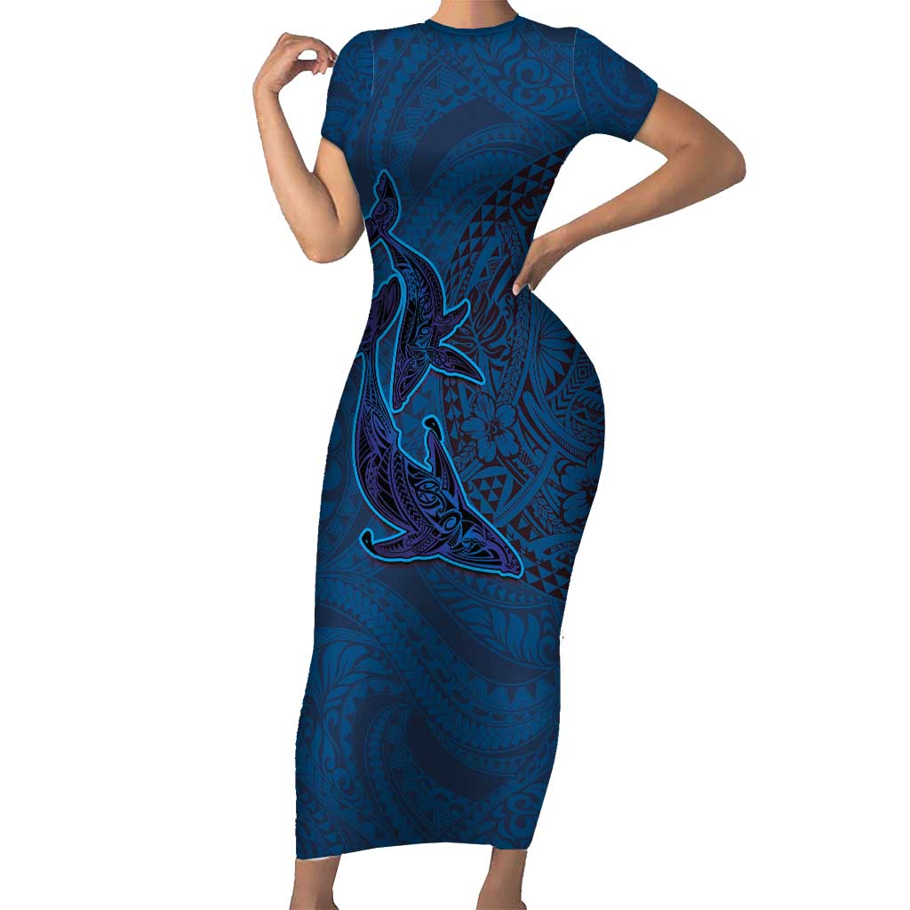 Hawaiian Whales Polynesian Art Motifs Short Sleeve Bodycon Dress Blue Color LT03 Long Dress Blue - Polynesian Pride