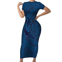 Hawaiian Whales Polynesian Art Motifs Short Sleeve Bodycon Dress Blue Color LT03 Long Dress Blue - Polynesian Pride