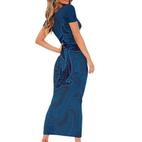 Hawaiian Whales Polynesian Art Motifs Short Sleeve Bodycon Dress Blue Color LT03 - Polynesian Pride