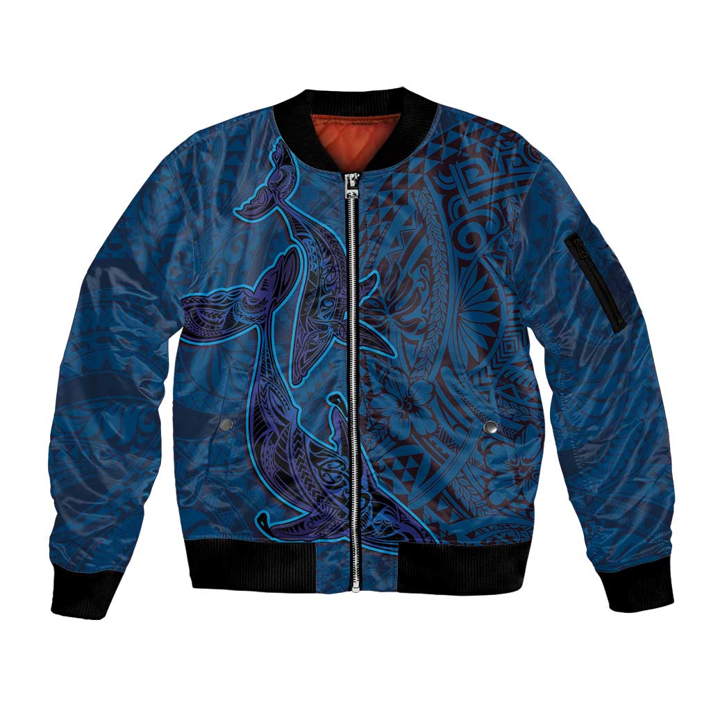 Hawaiian Whales Polynesian Art Motifs Sleeve Zip Bomber Jacket Blue Color LT03 Unisex Blue - Polynesian Pride