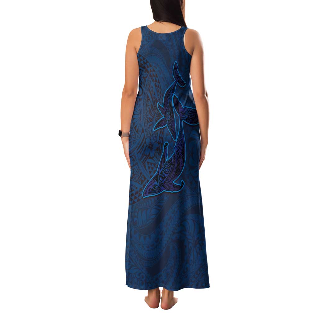 Hawaiian Whales Polynesian Art Motifs Tank Maxi Dress Blue Color - Polynesian Pride