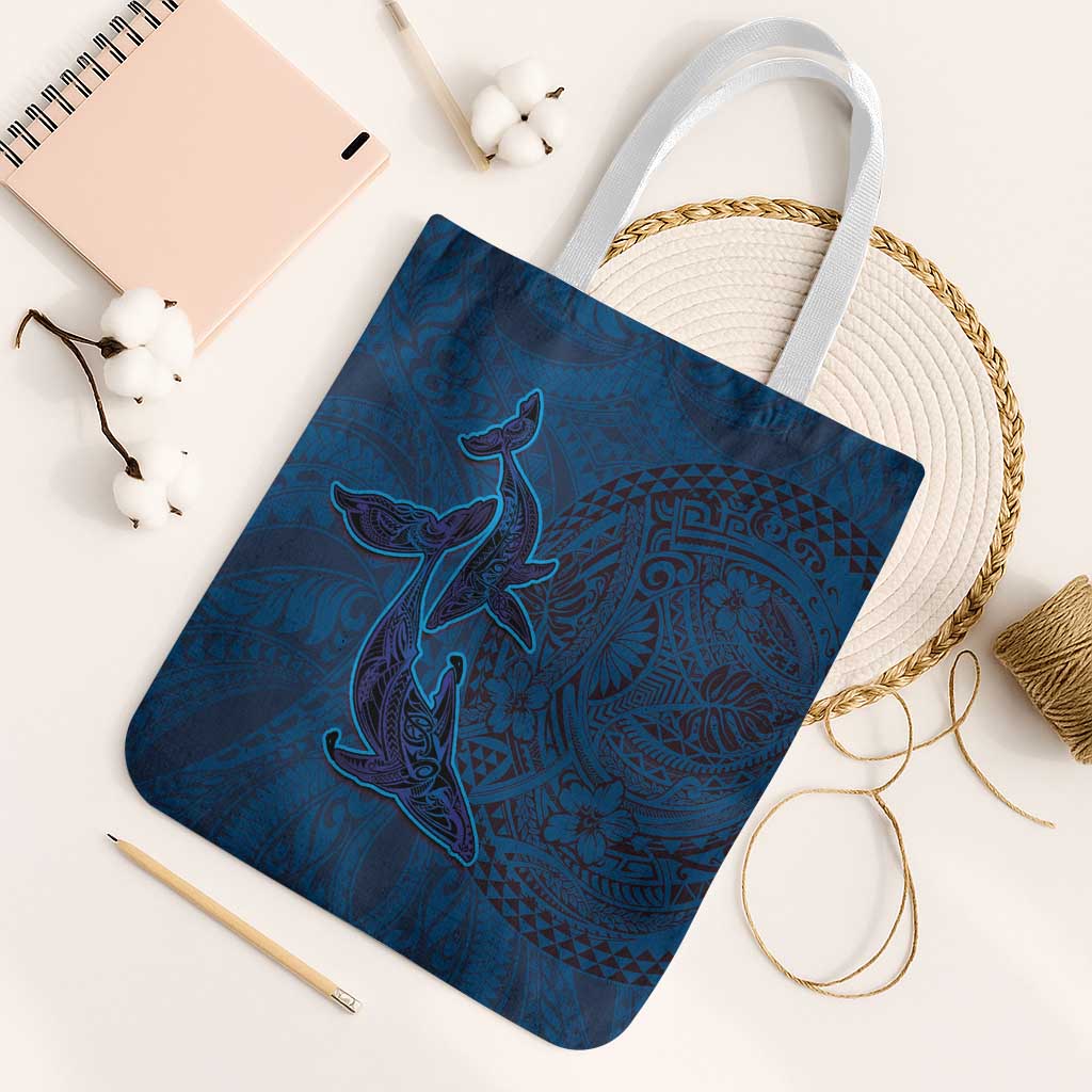 Hawaiian Whales Polynesian Art Motifs Tote Bag Blue Color - Polynesian Pride