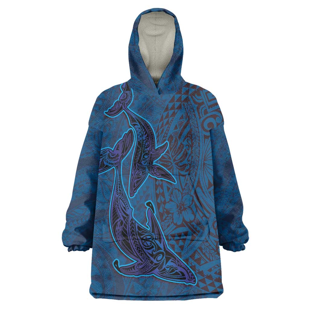 Hawaiian Whales Polynesian Art Motifs Wearable Blanket Hoodie Blue Color LT03 One Size Blue - Polynesian Pride