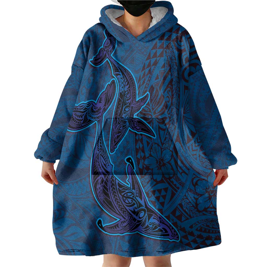 Hawaiian Whales Polynesian Art Motifs Wearable Blanket Hoodie Blue Color LT03 - Polynesian Pride