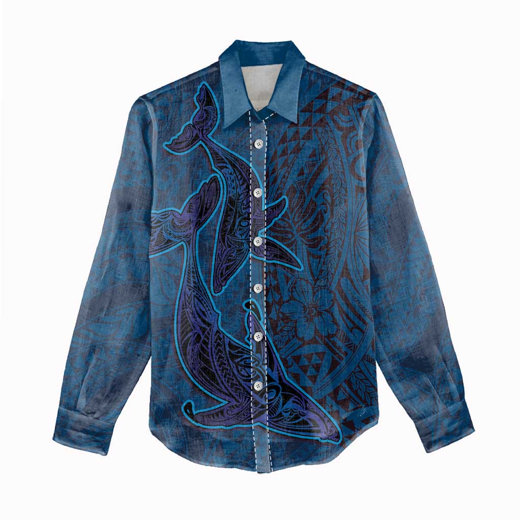 Hawaiian Whales Polynesian Art Motifs Women Casual Shirt Blue Color - Polynesian Pride