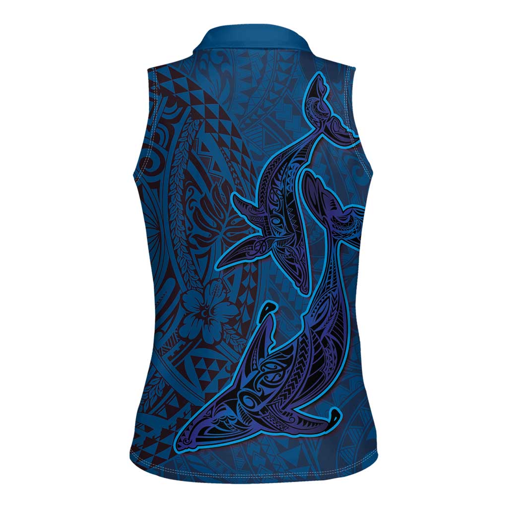 Hawaiian Whales Polynesian Art Motifs Women Sleeveless Polo Shirt Blue Color LT03 - Polynesian Pride