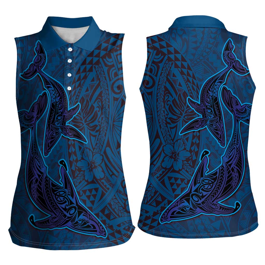 Hawaiian Whales Polynesian Art Motifs Women Sleeveless Polo Shirt Blue Color LT03 - Polynesian Pride