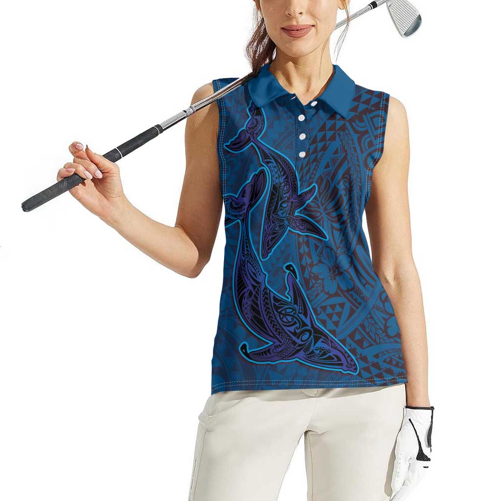Hawaiian Whales Polynesian Art Motifs Women Sleeveless Polo Shirt Blue Color LT03 - Polynesian Pride