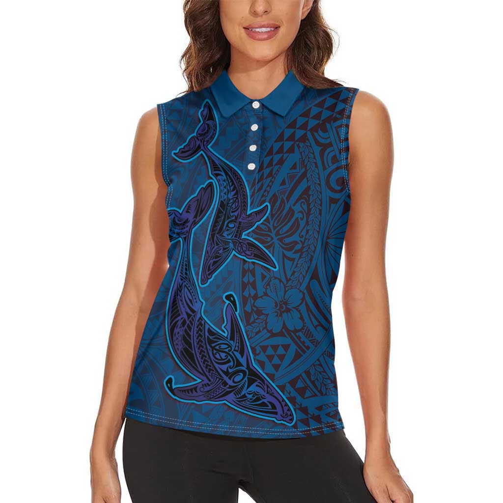 Hawaiian Whales Polynesian Art Motifs Women Sleeveless Polo Shirt Blue Color LT03 - Polynesian Pride