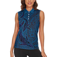Hawaiian Whales Polynesian Art Motifs Women Sleeveless Polo Shirt Blue Color LT03 - Polynesian Pride