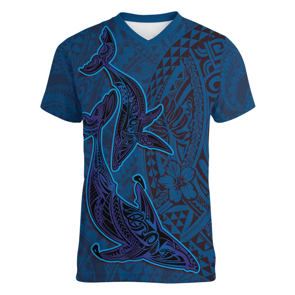 Hawaiian Whales Polynesian Art Motifs Women V-Neck T-Shirt Blue Color LT03 Female Blue - Polynesian Pride