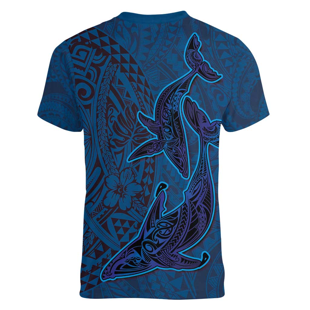 Hawaiian Whales Polynesian Art Motifs Women V-Neck T-Shirt Blue Color LT03 - Polynesian Pride