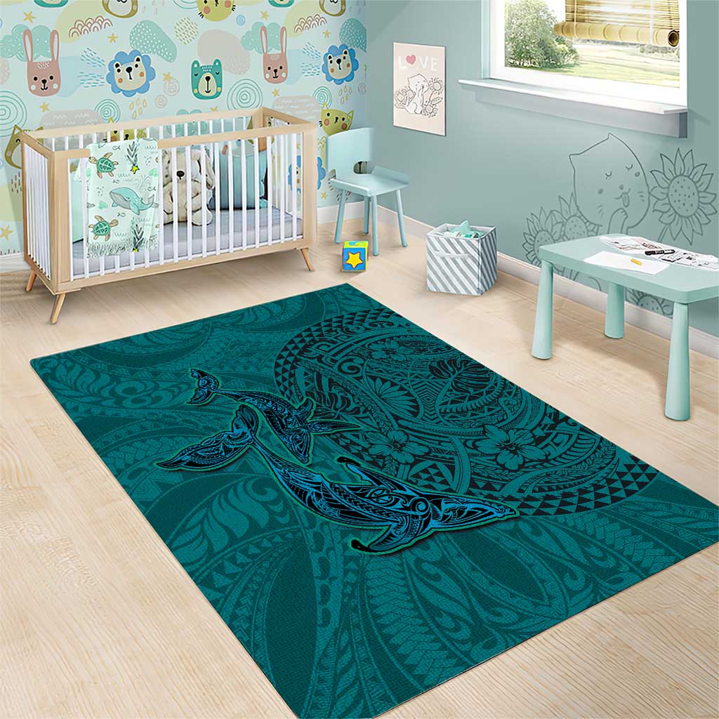 Hawaiian Whales Polynesian Art Motifs Area Rug Turquoise Color - Polynesian Pride