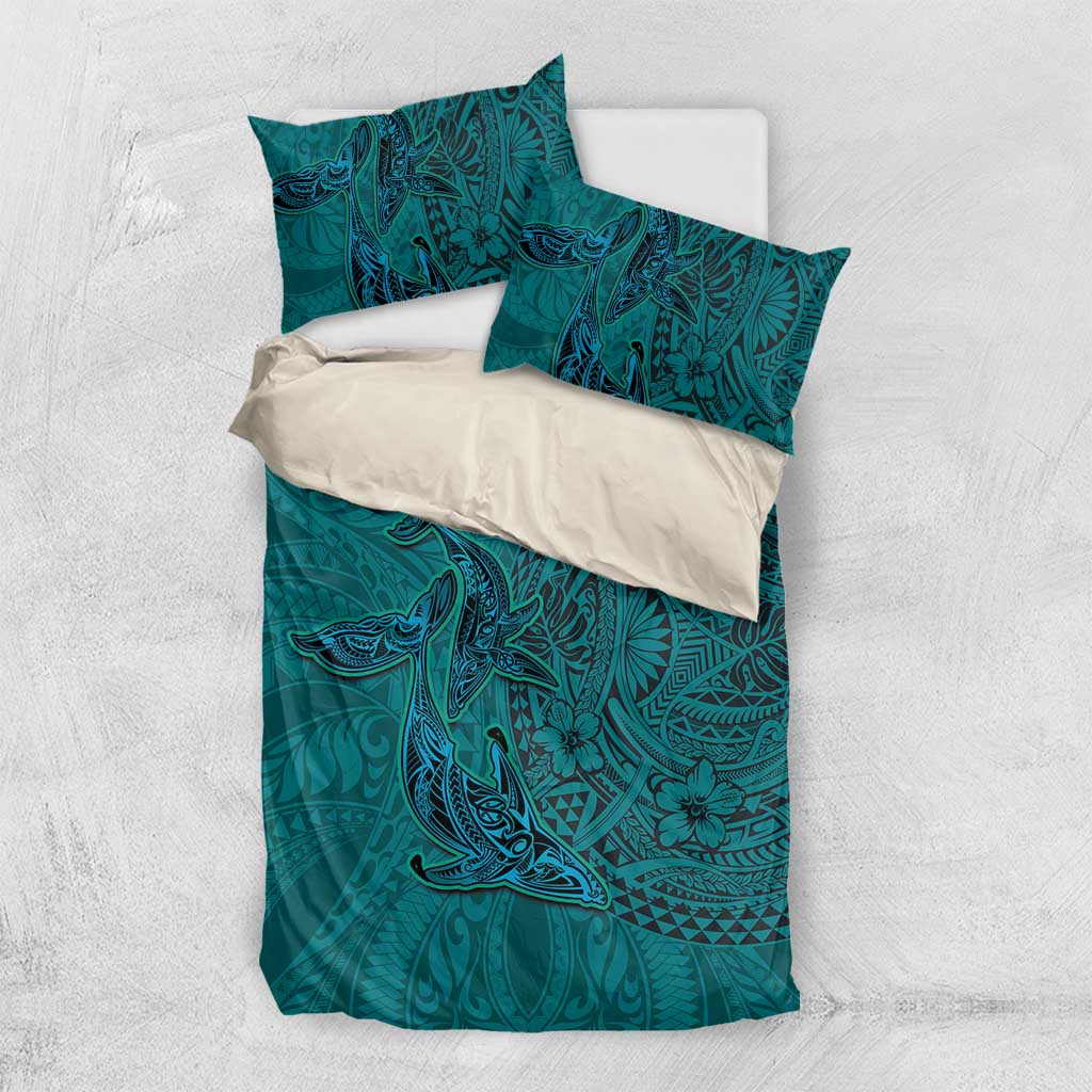 Hawaiian Whales Polynesian Art Motifs Bedding Set Turquoise Color - Polynesian Pride