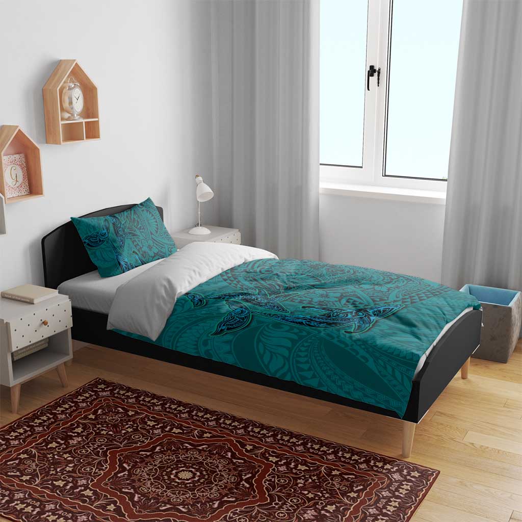 Hawaiian Whales Polynesian Art Motifs Bedding Set Turquoise Color - Polynesian Pride