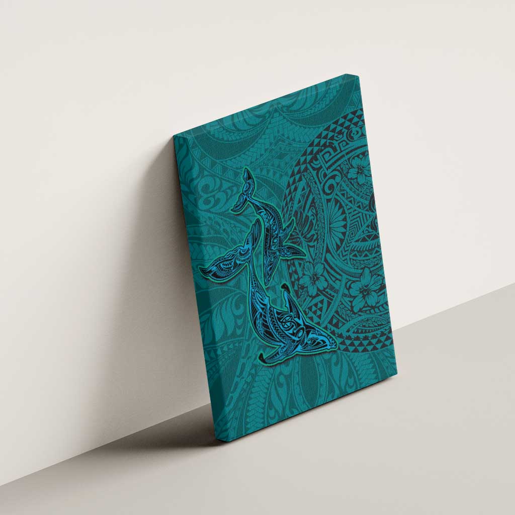 Hawaiian Whales Polynesian Art Motifs Canvas Wall Art Turquoise Color - Polynesian Pride