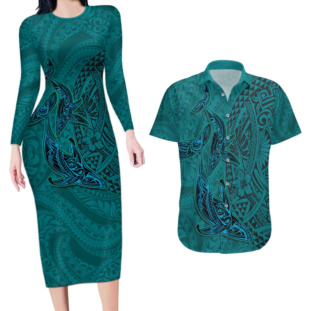 Hawaiian Whales Polynesian Art Motifs Couples Matching Long Sleeve Bodycon Dress and Hawaiian Shirt Turquoise Color LT03 Turquoise - Polynesian Pride