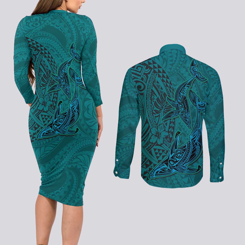 Hawaiian Whales Polynesian Art Motifs Couples Matching Long Sleeve Bodycon Dress and Long Sleeve Button Shirt Turquoise Color LT03 - Polynesian Pride