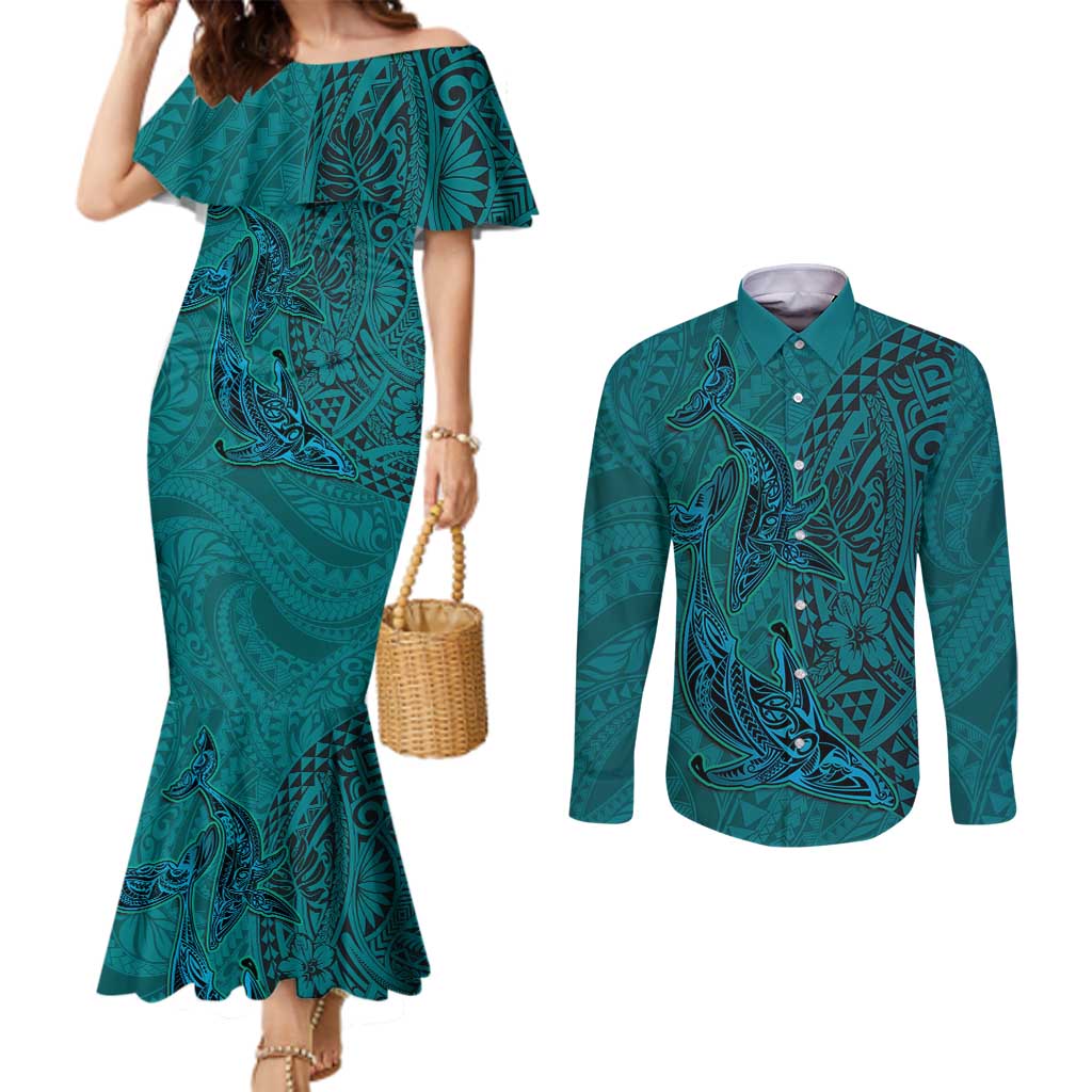 Hawaiian Whales Polynesian Art Motifs Couples Matching Mermaid Dress and Long Sleeve Button Shirt Turquoise Color LT03 Turquoise - Polynesian Pride