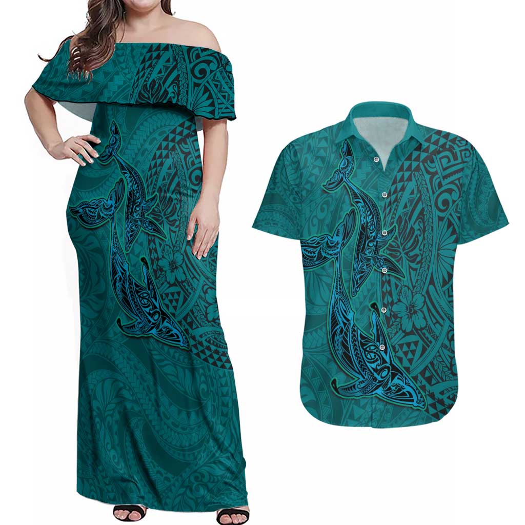 Hawaiian Whales Polynesian Art Motifs Couples Matching Off Shoulder Maxi Dress and Hawaiian Shirt Turquoise Color LT03 Turquoise - Polynesian Pride