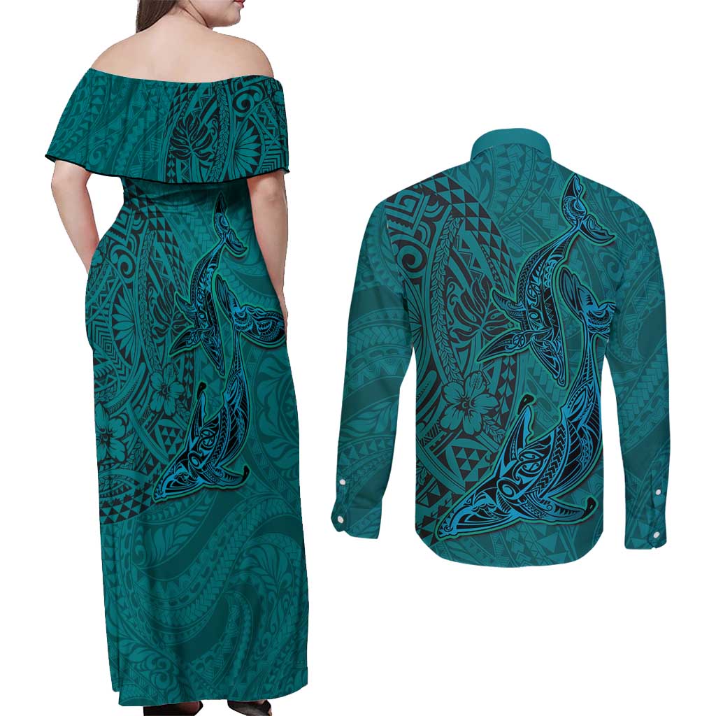 Hawaiian Whales Polynesian Art Motifs Couples Matching Off Shoulder Maxi Dress and Long Sleeve Button Shirt Turquoise Color LT03 - Polynesian Pride