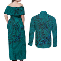 Hawaiian Whales Polynesian Art Motifs Couples Matching Off Shoulder Maxi Dress and Long Sleeve Button Shirt Turquoise Color LT03 - Polynesian Pride