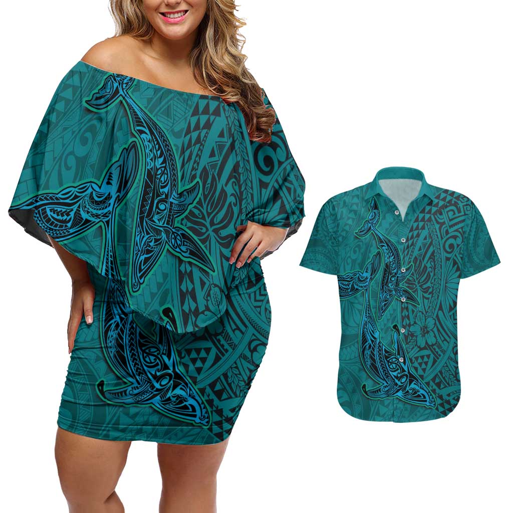 Hawaiian Whales Polynesian Art Motifs Couples Matching Off Shoulder Short Dress and Hawaiian Shirt Turquoise Color LT03 Turquoise - Polynesian Pride