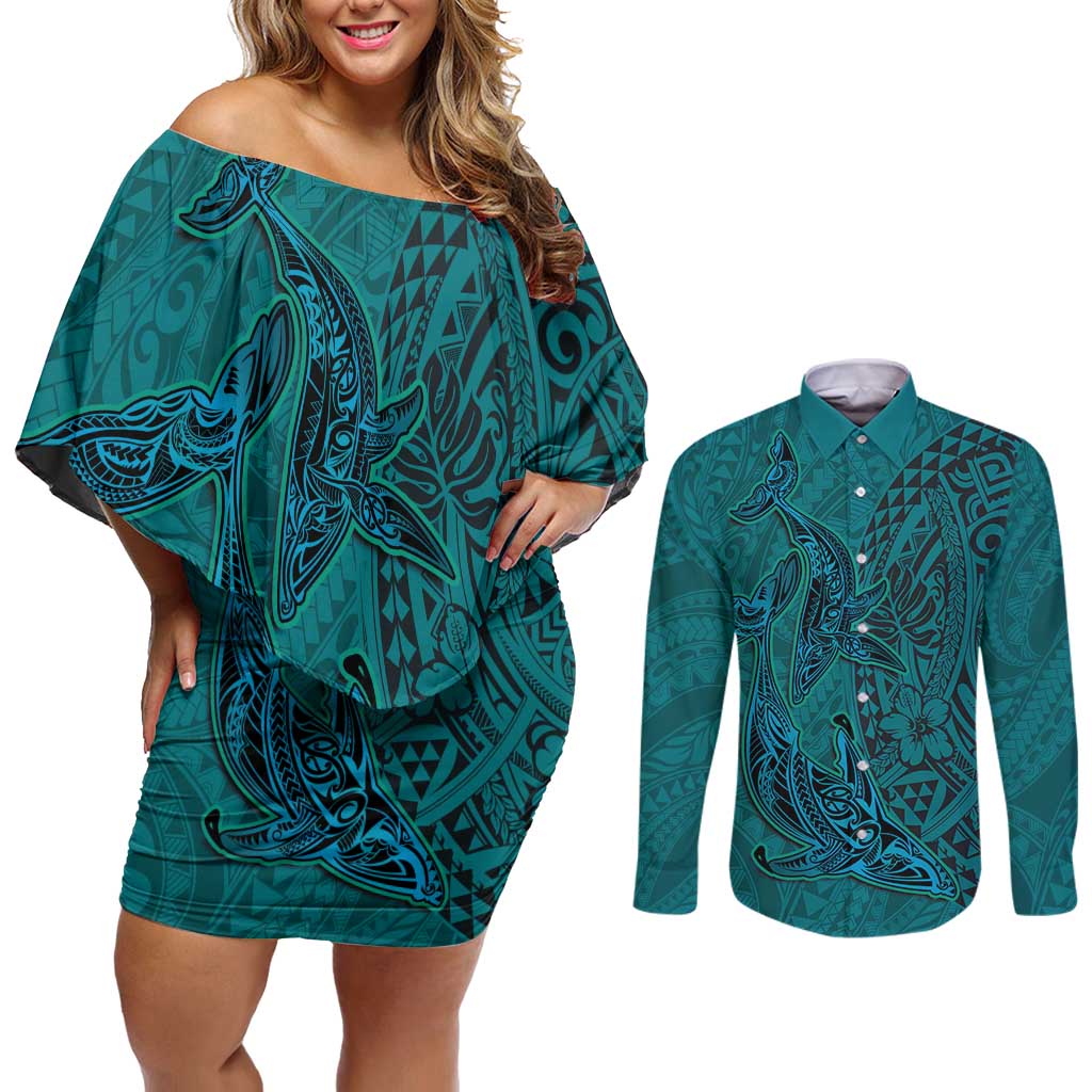 Hawaiian Whales Polynesian Art Motifs Couples Matching Off Shoulder Short Dress and Long Sleeve Button Shirt Turquoise Color LT03 Turquoise - Polynesian Pride