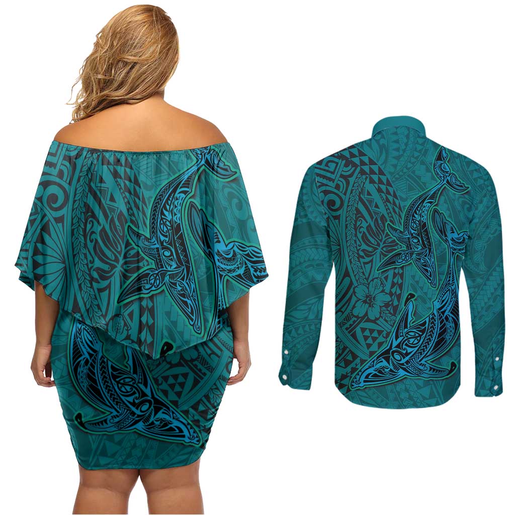 Hawaiian Whales Polynesian Art Motifs Couples Matching Off Shoulder Short Dress and Long Sleeve Button Shirt Turquoise Color LT03 - Polynesian Pride