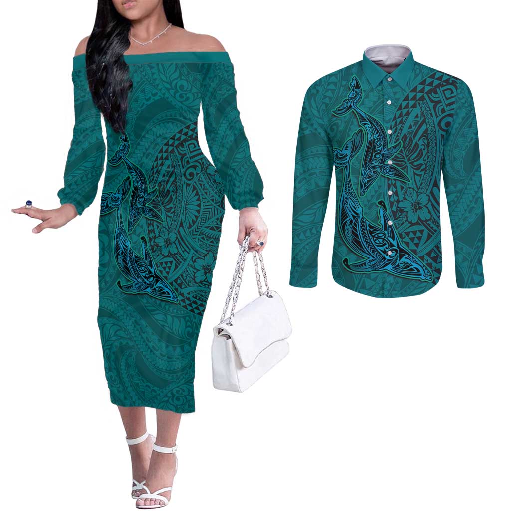 Hawaiian Whales Polynesian Art Motifs Couples Matching Off The Shoulder Long Sleeve Dress and Long Sleeve Button Shirt Turquoise Color LT03 Turquoise - Polynesian Pride