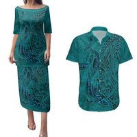Hawaiian Whales Polynesian Art Motifs Couples Matching Puletasi and Hawaiian Shirt Turquoise Color LT03 Turquoise - Polynesian Pride
