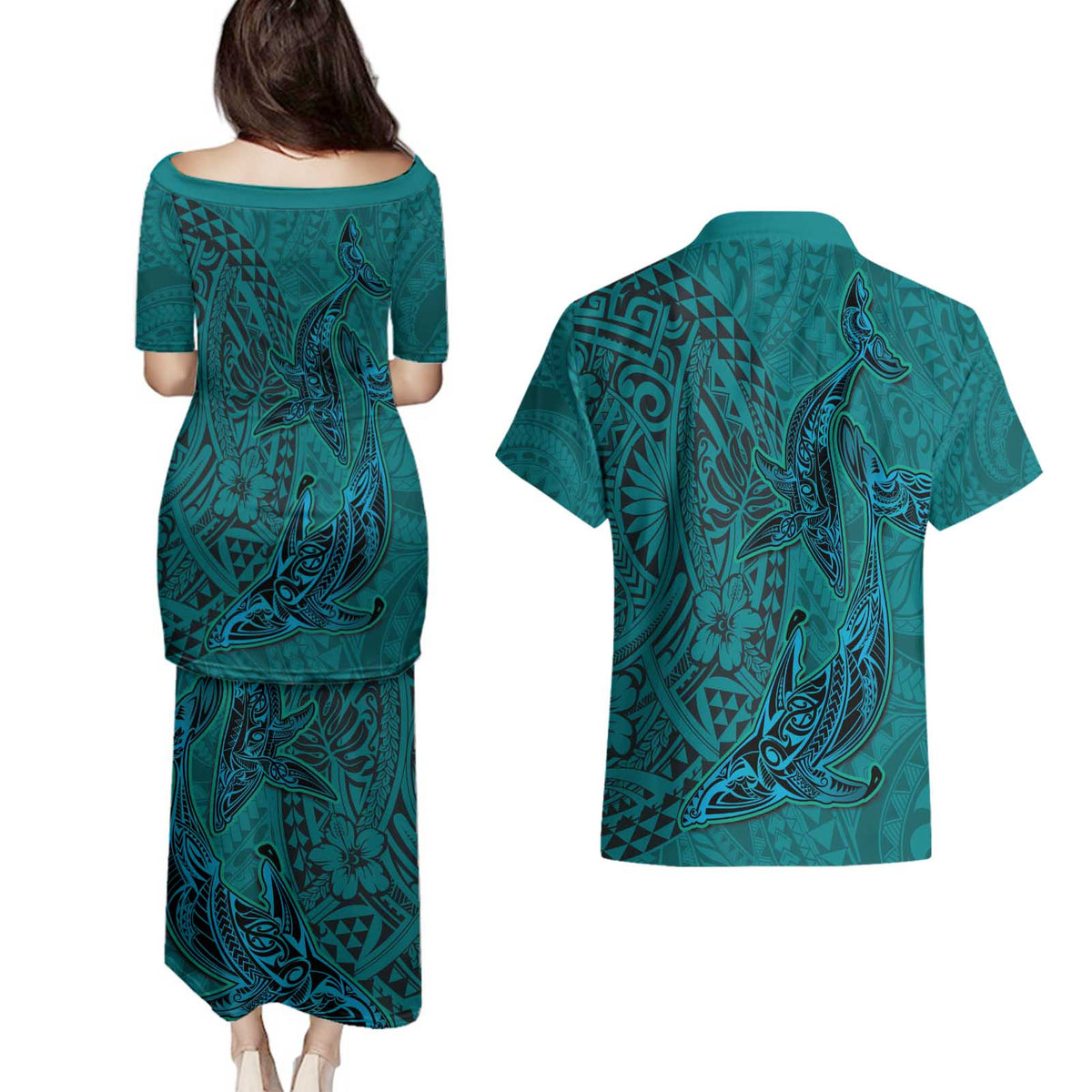 Hawaiian Whales Polynesian Art Motifs Couples Matching Puletasi and Hawaiian Shirt Turquoise Color LT03 - Polynesian Pride