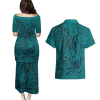 Hawaiian Whales Polynesian Art Motifs Couples Matching Puletasi and Hawaiian Shirt Turquoise Color LT03 - Polynesian Pride