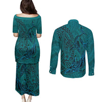 Hawaiian Whales Polynesian Art Motifs Couples Matching Puletasi and Long Sleeve Button Shirt Turquoise Color LT03 - Polynesian Pride