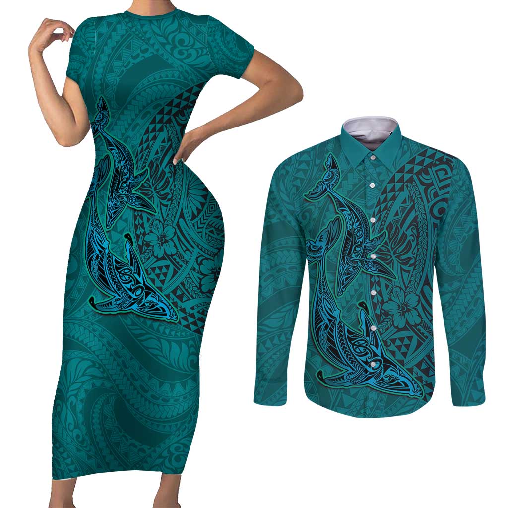 Hawaiian Whales Polynesian Art Motifs Couples Matching Short Sleeve Bodycon Dress and Long Sleeve Button Shirt Turquoise Color LT03 Turquoise - Polynesian Pride