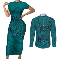 Hawaiian Whales Polynesian Art Motifs Couples Matching Short Sleeve Bodycon Dress and Long Sleeve Button Shirt Turquoise Color LT03 Turquoise - Polynesian Pride
