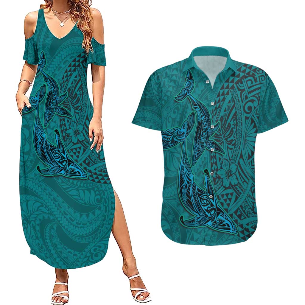 Hawaiian Whales Polynesian Art Motifs Couples Matching Summer Maxi Dress and Hawaiian Shirt Turquoise Color LT03 Turquoise - Polynesian Pride