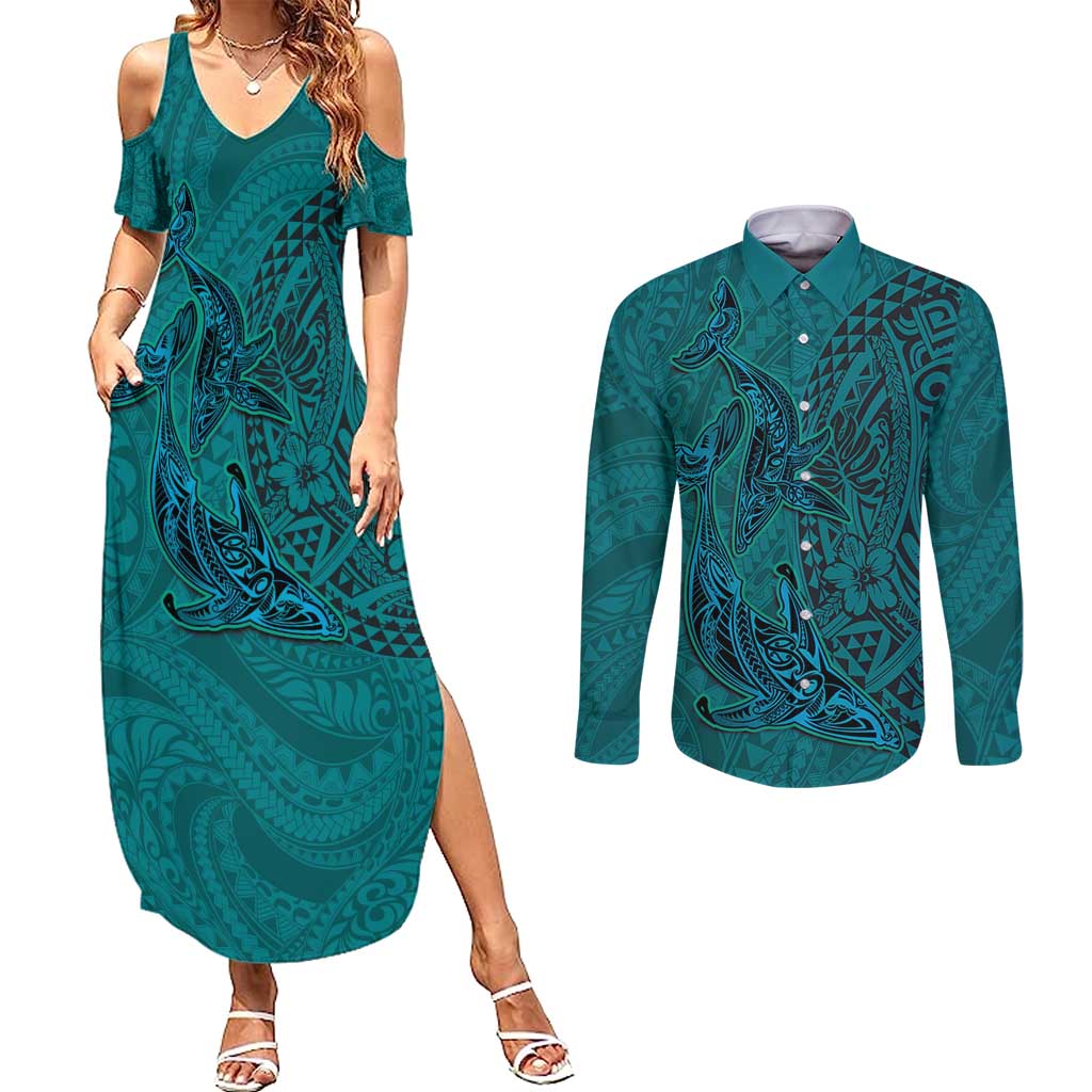 Hawaiian Whales Polynesian Art Motifs Couples Matching Summer Maxi Dress and Long Sleeve Button Shirt Turquoise Color LT03 Turquoise - Polynesian Pride
