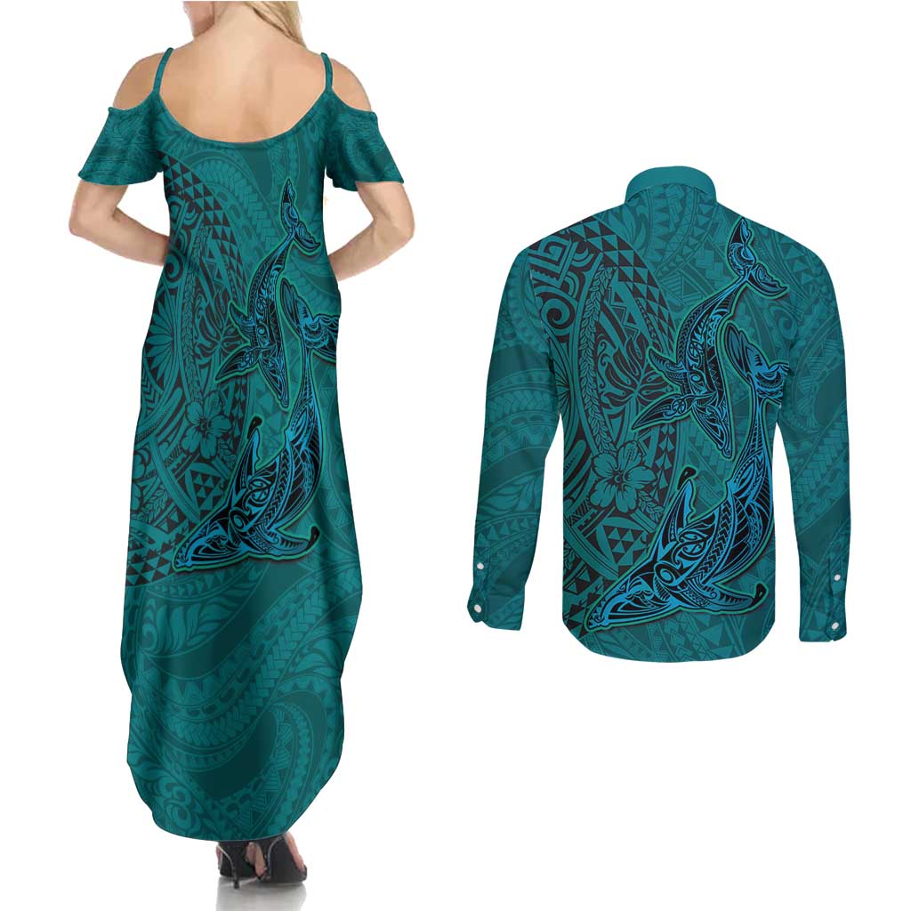 Hawaiian Whales Polynesian Art Motifs Couples Matching Summer Maxi Dress and Long Sleeve Button Shirt Turquoise Color LT03 - Polynesian Pride