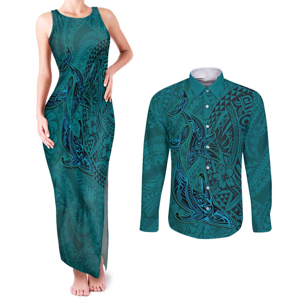 Hawaiian Whales Polynesian Art Motifs Couples Matching Tank Maxi Dress and Long Sleeve Button Shirt Turquoise Color LT03 Turquoise - Polynesian Pride