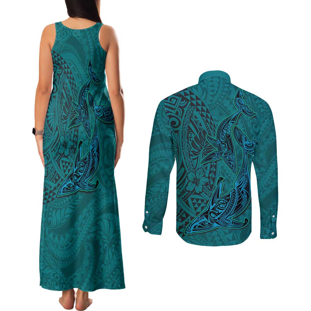Hawaiian Whales Polynesian Art Motifs Couples Matching Tank Maxi Dress and Long Sleeve Button Shirt Turquoise Color LT03 - Polynesian Pride