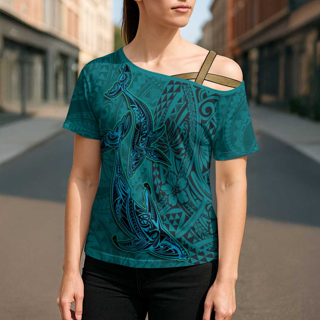 Hawaiian Whales Polynesian Art Motifs Cross Shoulder Shirt Turquoise Color - Polynesian Pride