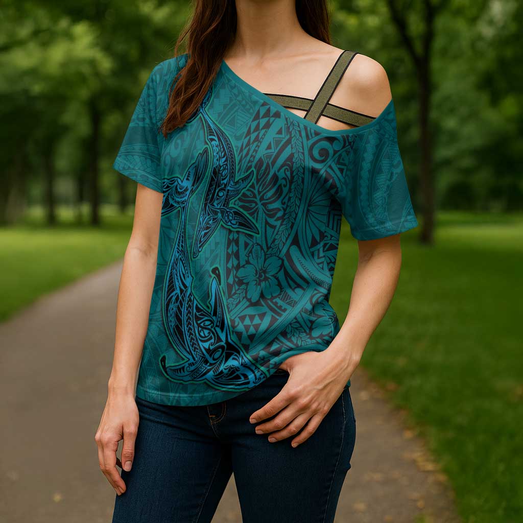Hawaiian Whales Polynesian Art Motifs Cross Shoulder Shirt Turquoise Color - Polynesian Pride