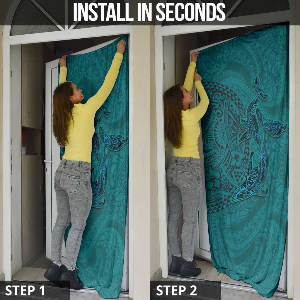 Hawaiian Whales Polynesian Art Motifs Door Cover Turquoise Color - Polynesian Pride