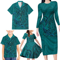 Hawaiian Whales Polynesian Art Motifs Family Matching Long Sleeve Bodycon Dress and Hawaiian Shirt Turquoise Color LT03 - Polynesian Pride